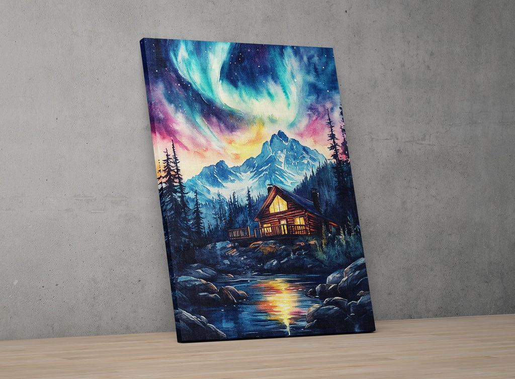 The image is a painting depicting a cabin nestled in a mountainous landscape, with a stunning display of the northern lights in the night sky above.