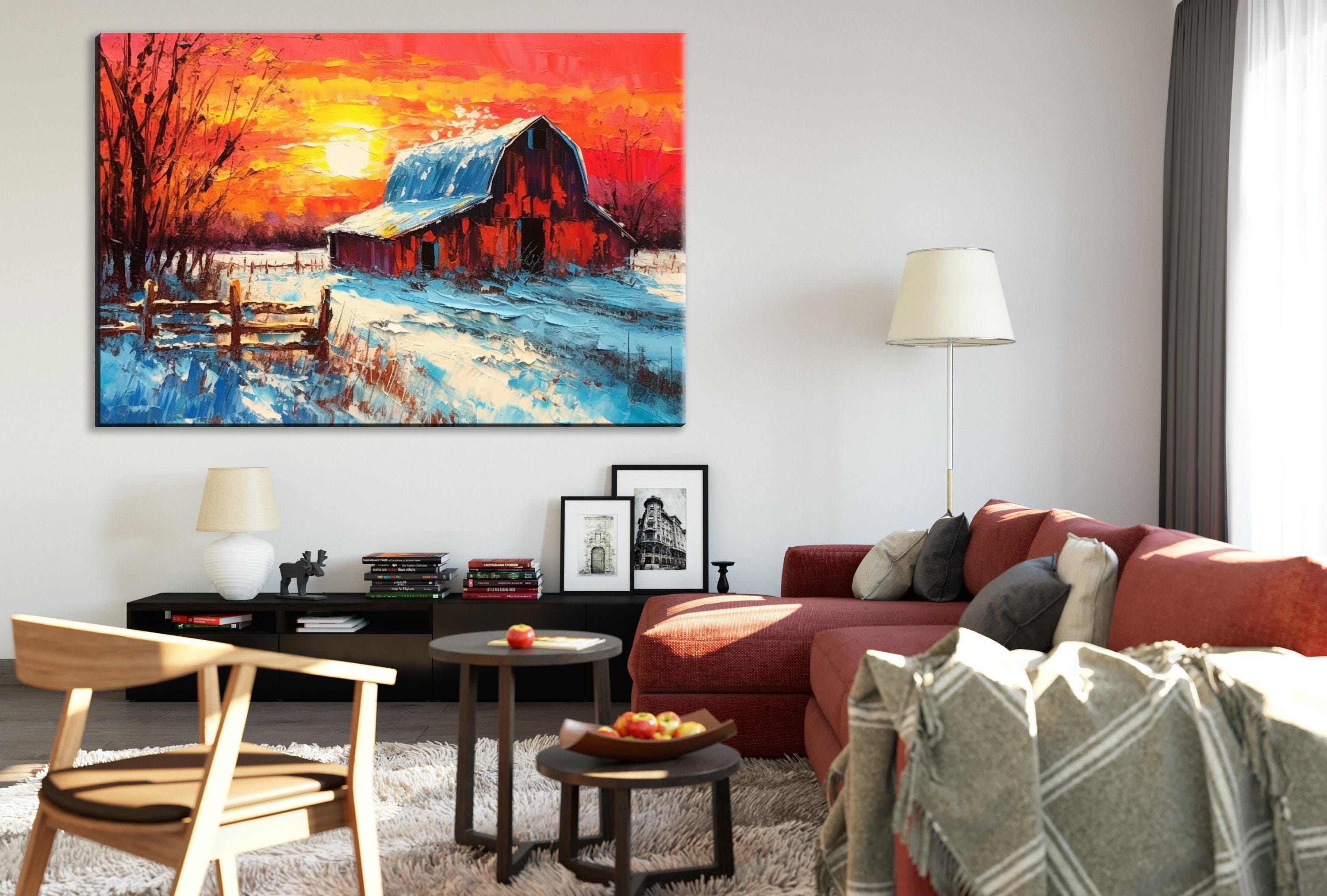 Wintery Farm Scene - Rustic Winter Canvas | Vintage Barn Landscape Print on Gallery Wrapped Canvas