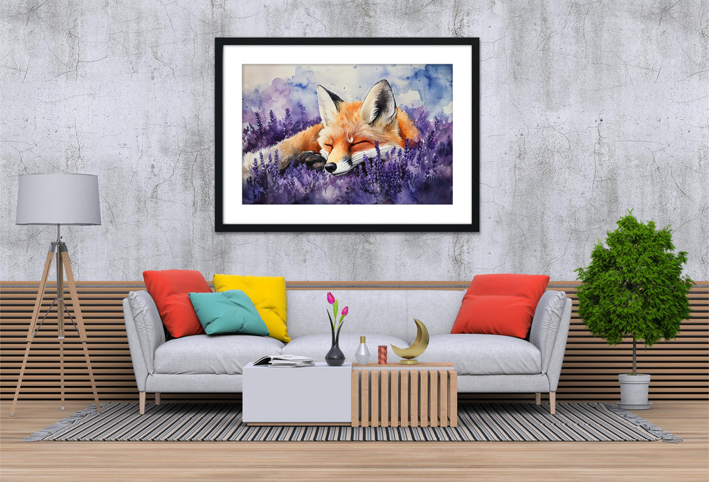 a cozy living room with a gray sofa adorned with colorful pillows, a wooden coffee table, and a framed painting of a sleeping fox in a field of purple flowers hanging on the wall above the sofa.