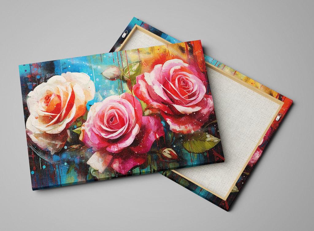 Pink and White Roses Canvas | Large Floral Wall Decor with Vibrant Alcohol Ink Style