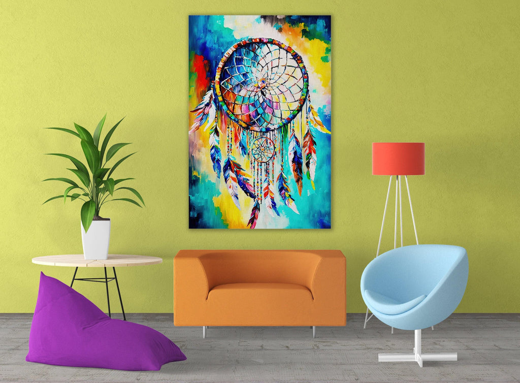 Dreamcatcher Art Print - Native American Canvas Wall Decor With Peacock Feather Art