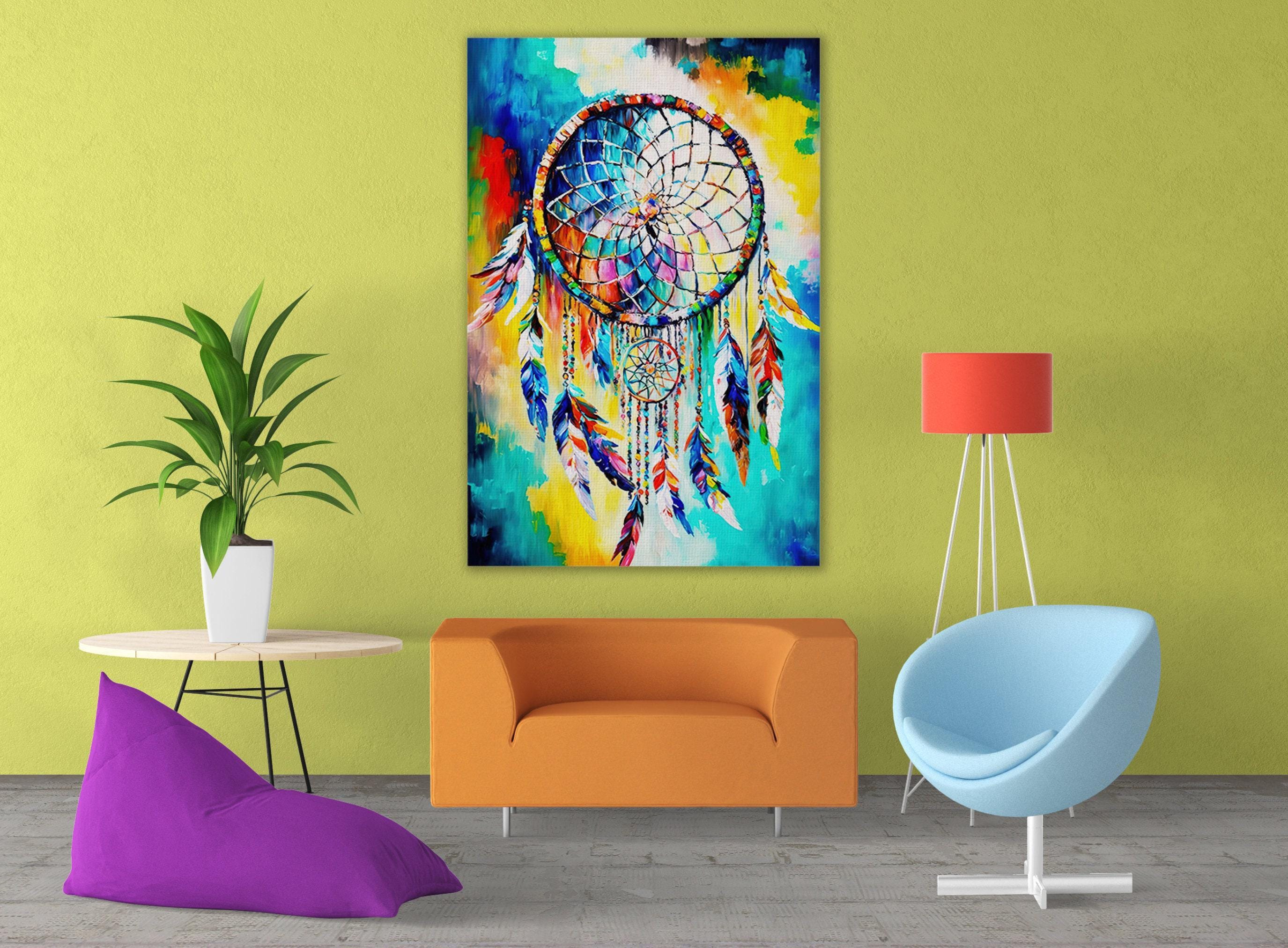 Dreamcatcher Art Print - Native American Canvas Wall Decor With Peacock Feather Art