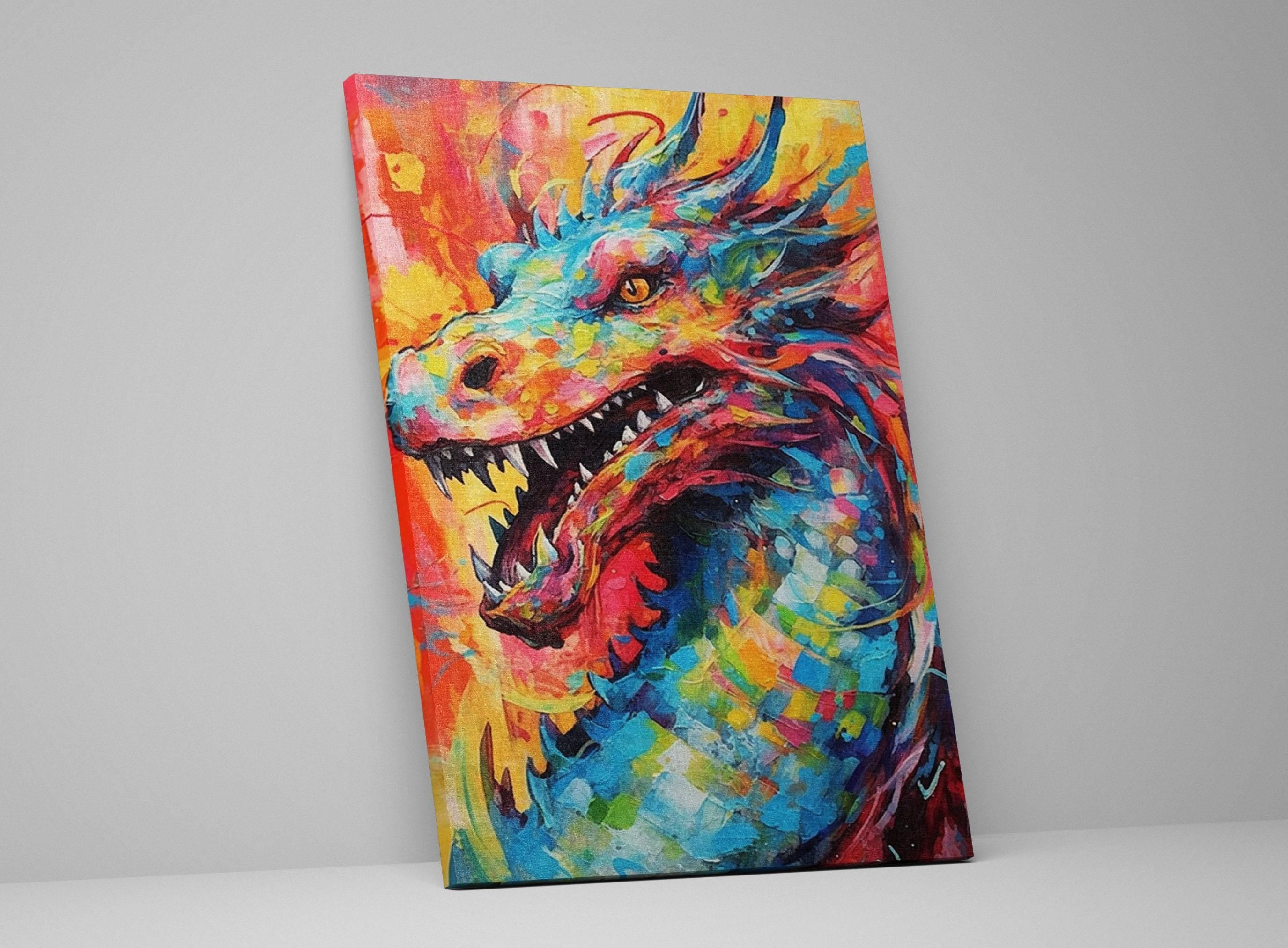 Dragon Canvas Art - Large Pop Art Painting on Gallery Ready Canvas for Fantasy Wall Decor