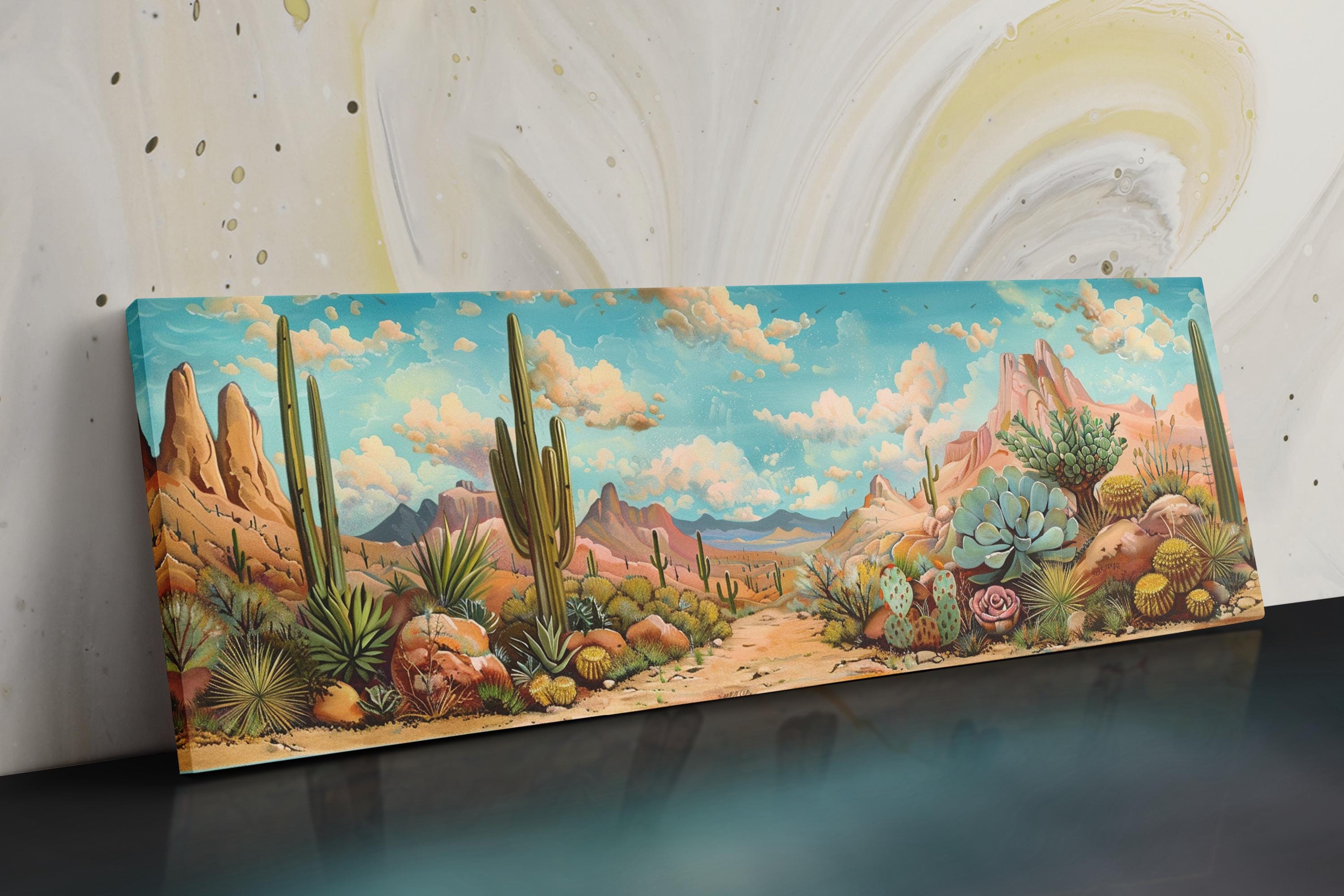 a painting of a desert scene with cacti