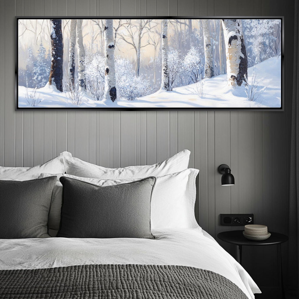 a bedroom with a bed and a painting on the wall