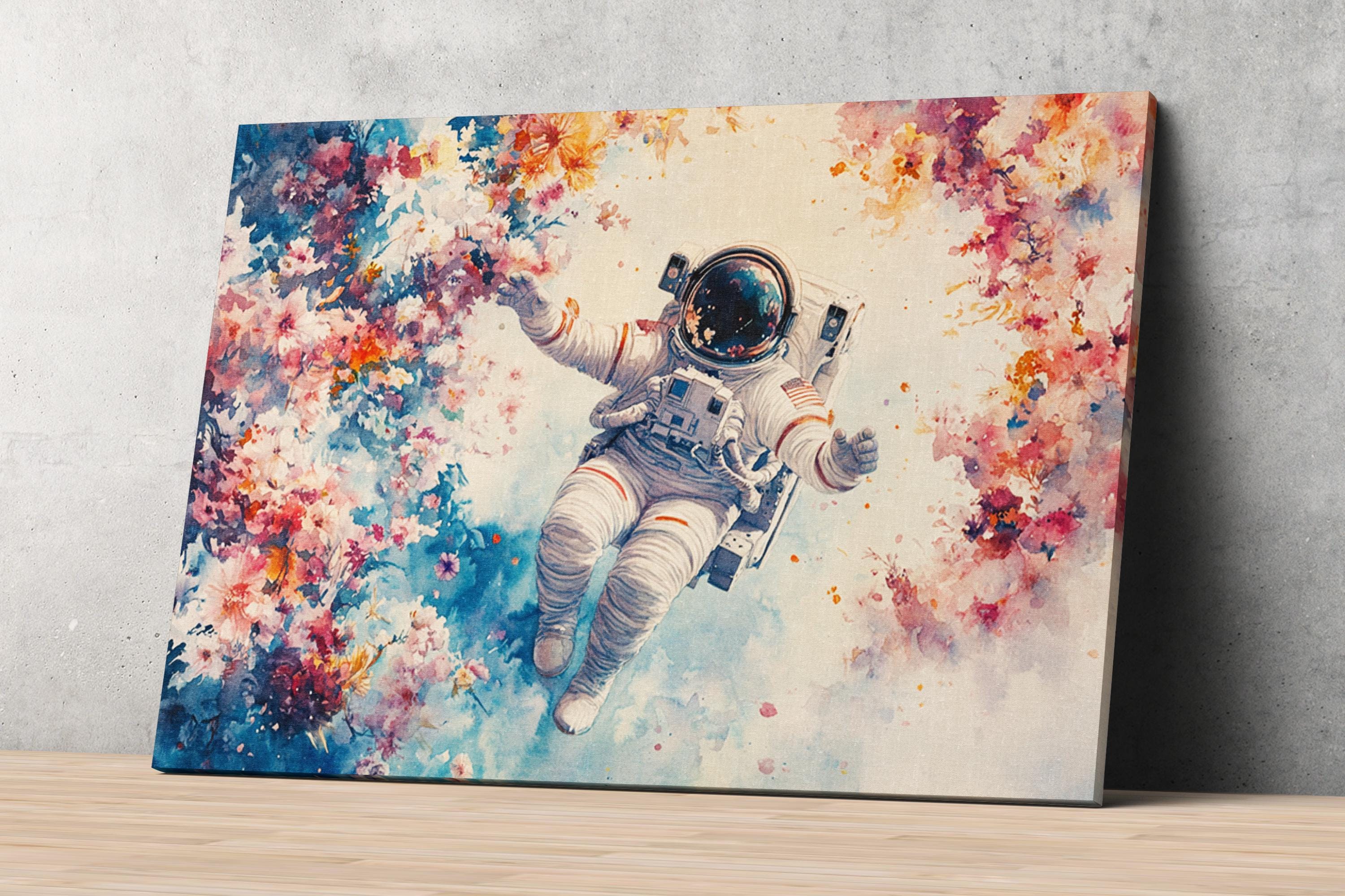 an astronaut floating in space, surrounded by a vibrant and colorful floral background.