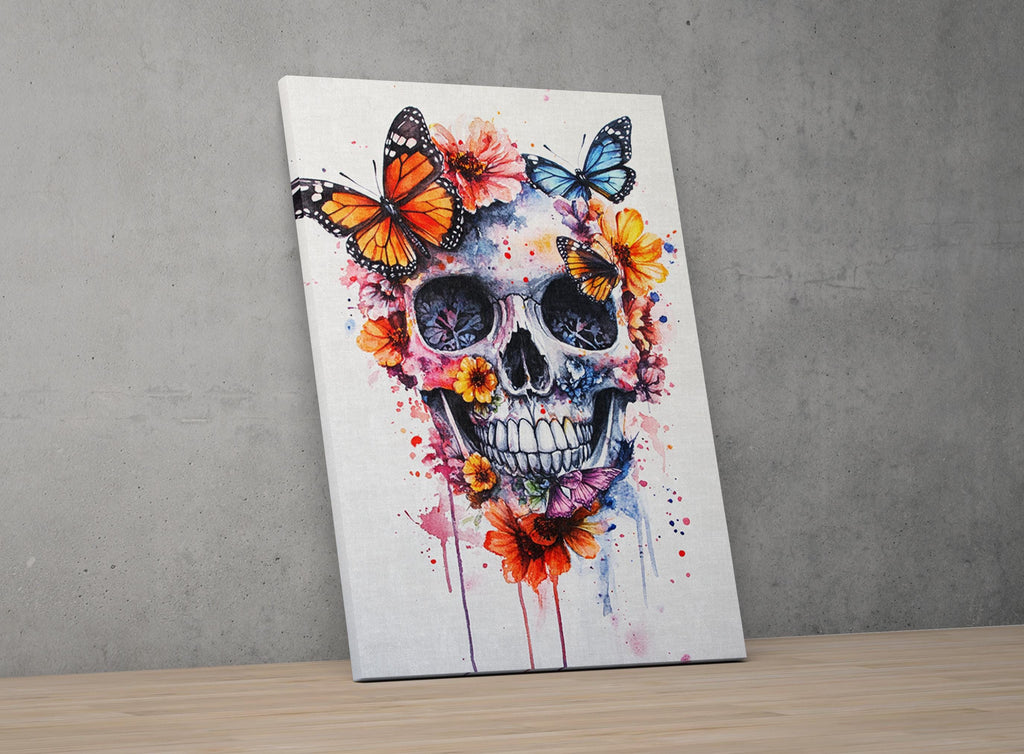A colorful and vibrant painting of a skull adorned with butterflies and flowers, set against a gray wall.
