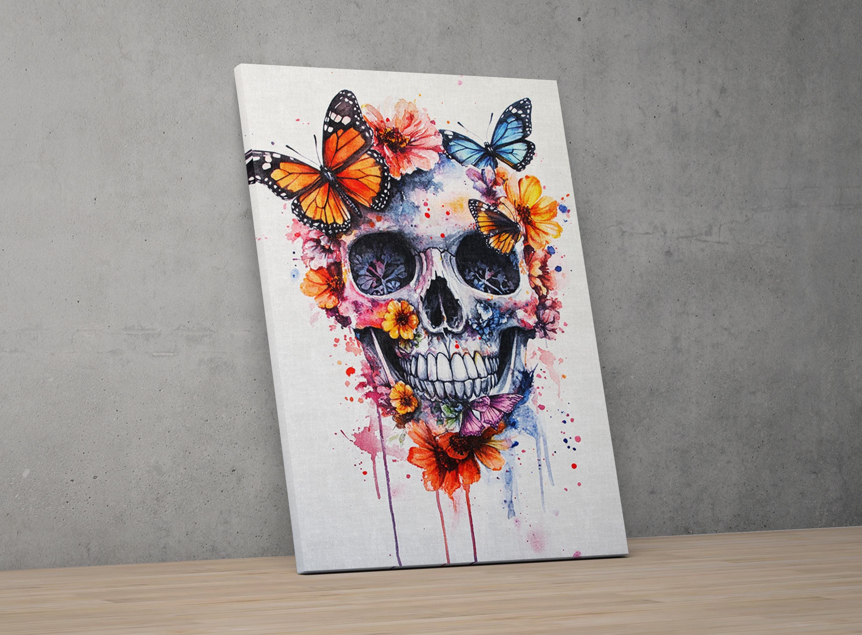 A colorful and vibrant painting of a skull adorned with butterflies and flowers, set against a gray wall.