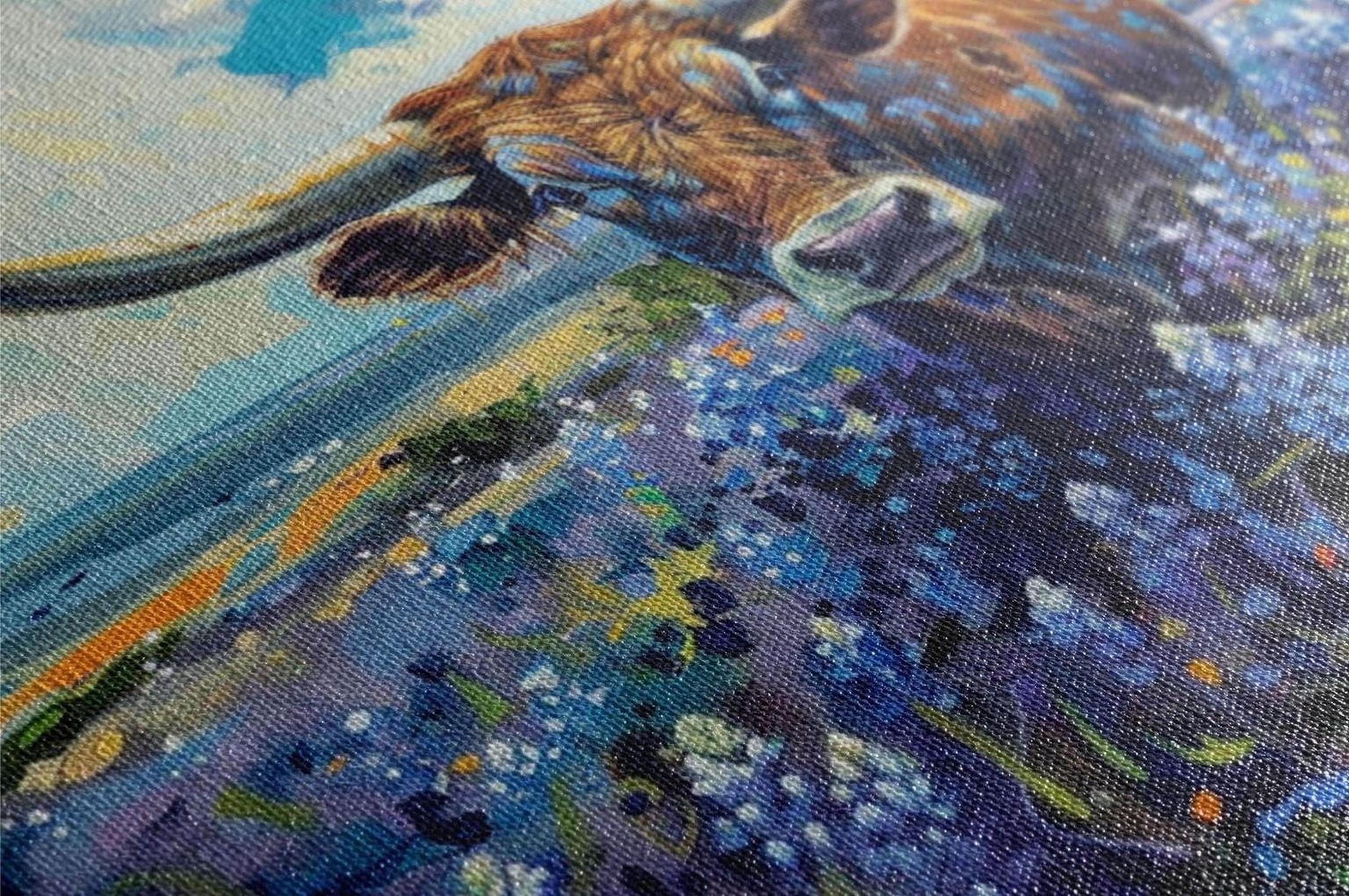 The image is a close-up of a painting depicting a bull with a long horn, surrounded by a colorful background of flowers and foliage.