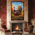 a large painting of a turkey in a field, hanging above a fireplace in a cozy living room setting.