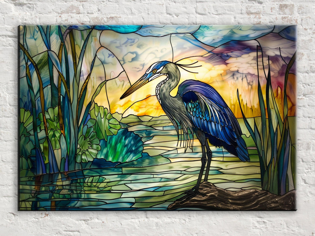 Blue Heron Wall Art - Large Stained Glass Canvas Print | Coastal Home Decor