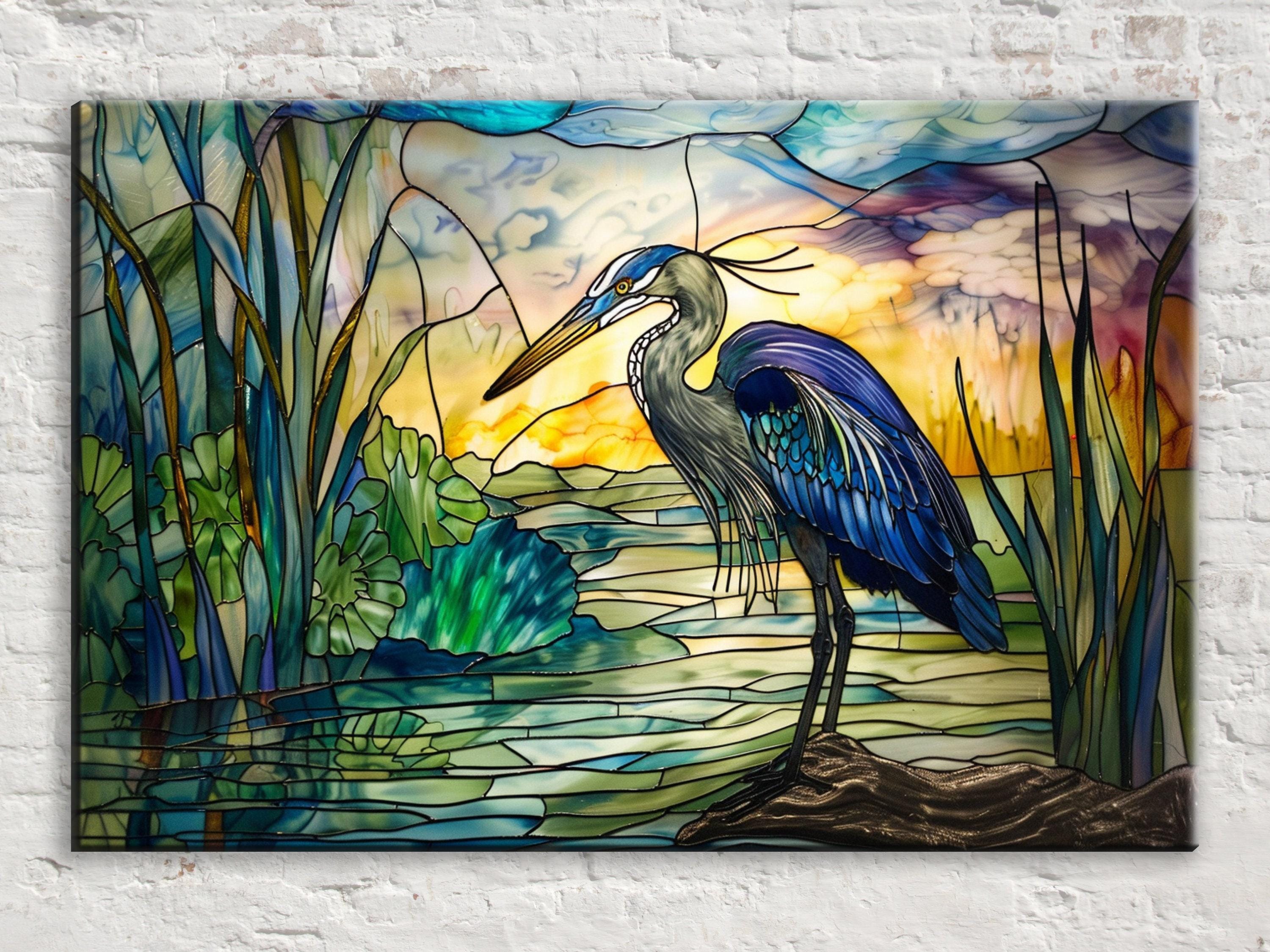 Blue Heron Wall Art - Large Stained Glass Canvas Print | Coastal Home Decor