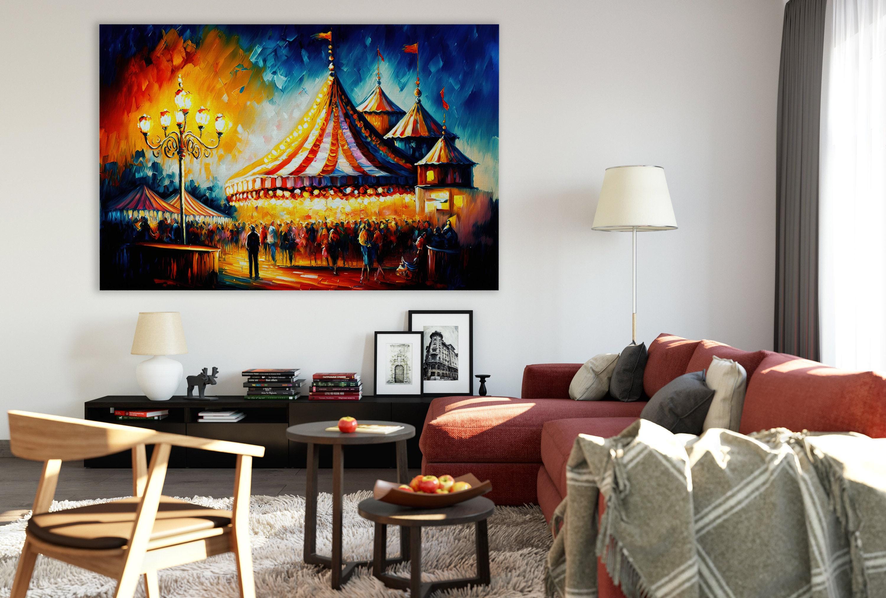 Circus Scene Canvas Art - Large Vintage Carnival Print With Wooden Frame