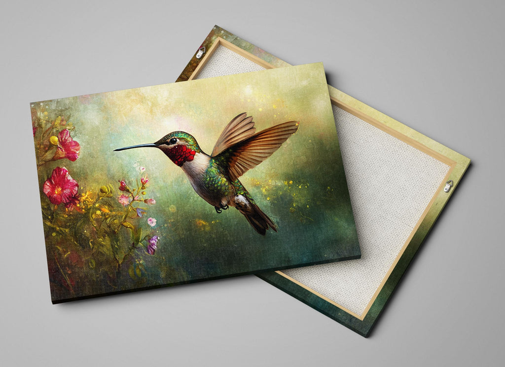 a painting of a hummingbird flying over flowers