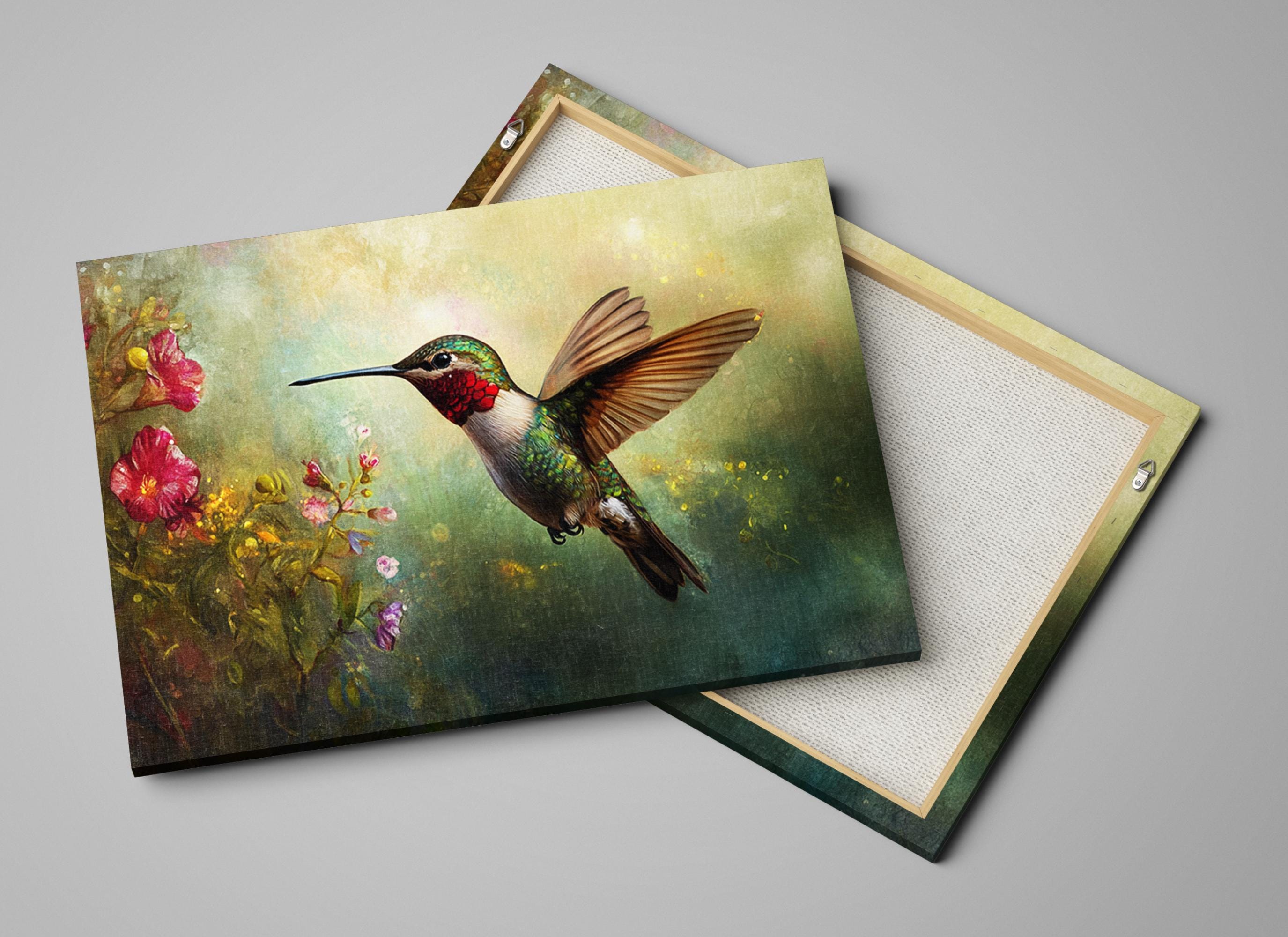 a painting of a hummingbird flying over flowers