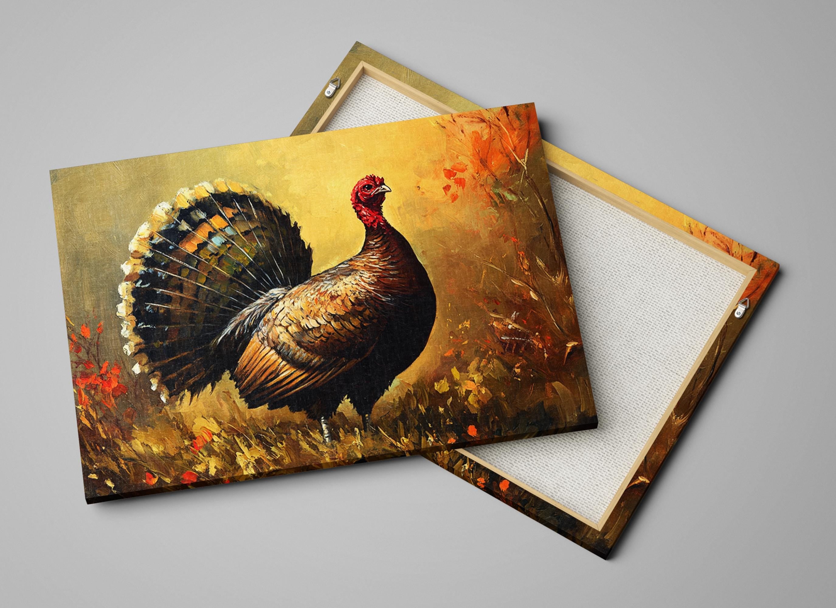 a large, colorful turkey standing in a grassy field with autumn foliage in the background.