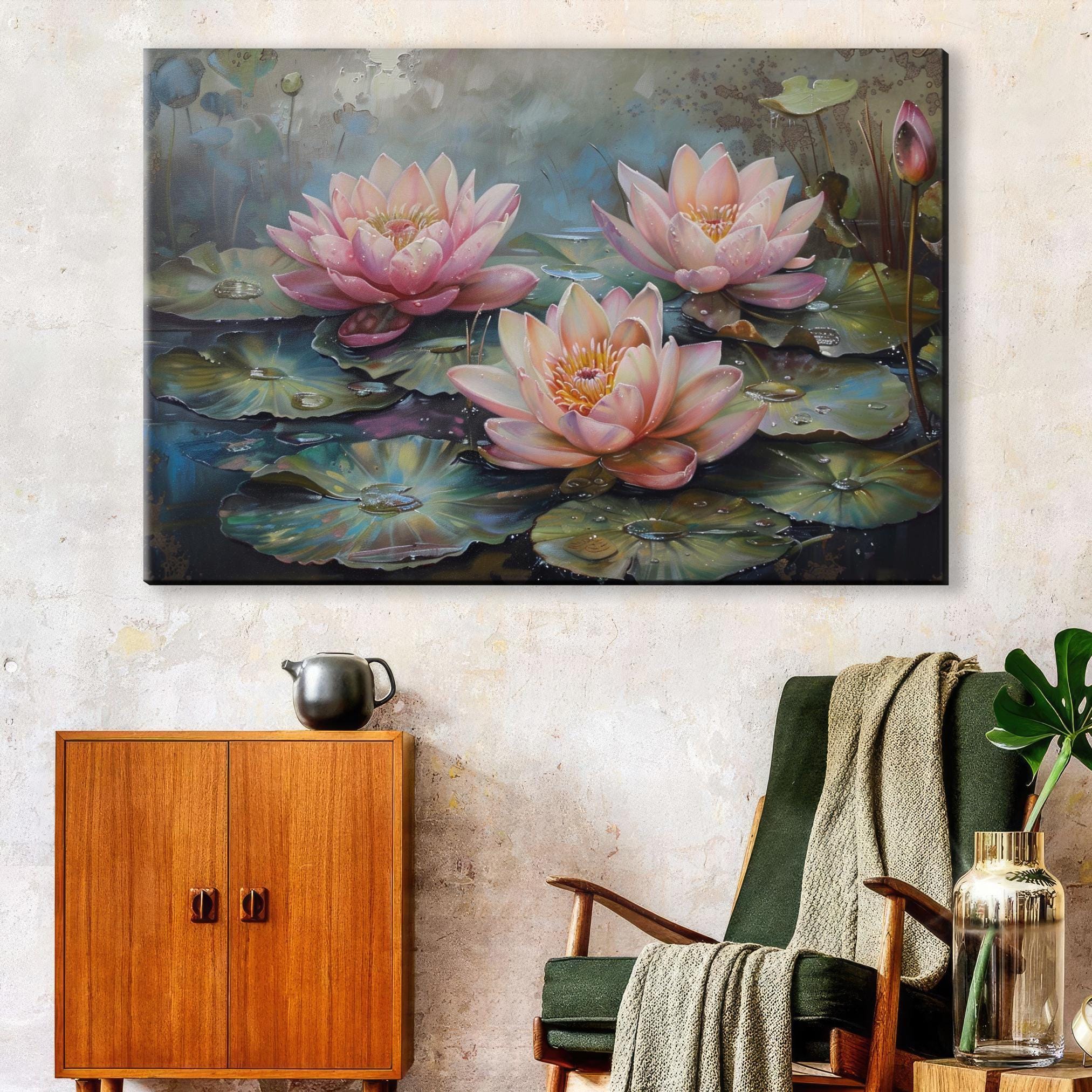 Water Lilies Canvas Art – Large Gallery-Wrapped Botanical Wall Decor, Ready to Hang
