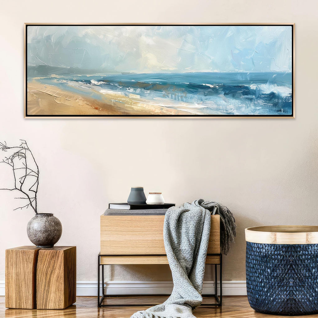 a painting hanging on a wall above a table