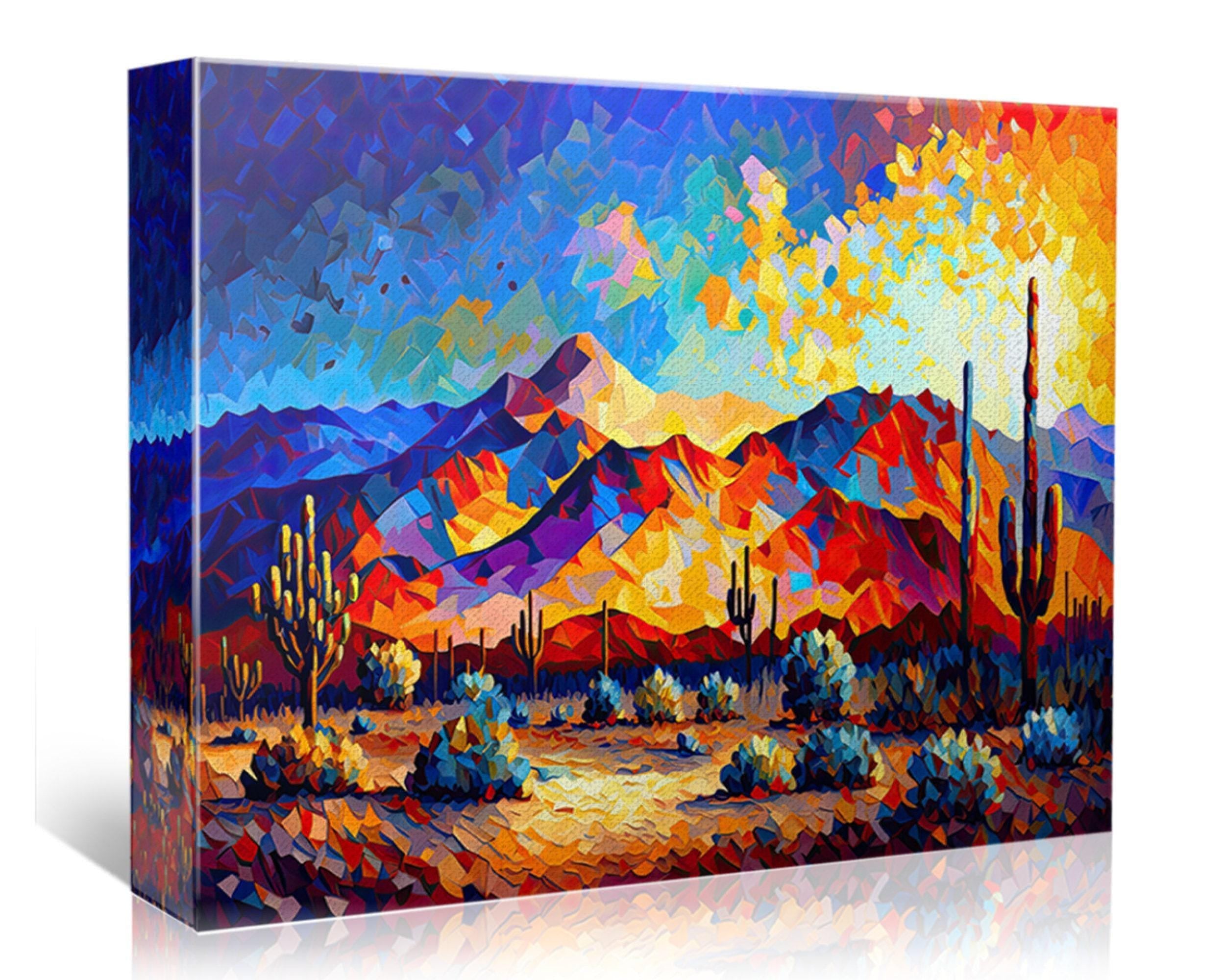 The image is a vibrant, colorful painting depicting a desert landscape with mountains, cacti, and a warm, fiery sunset.