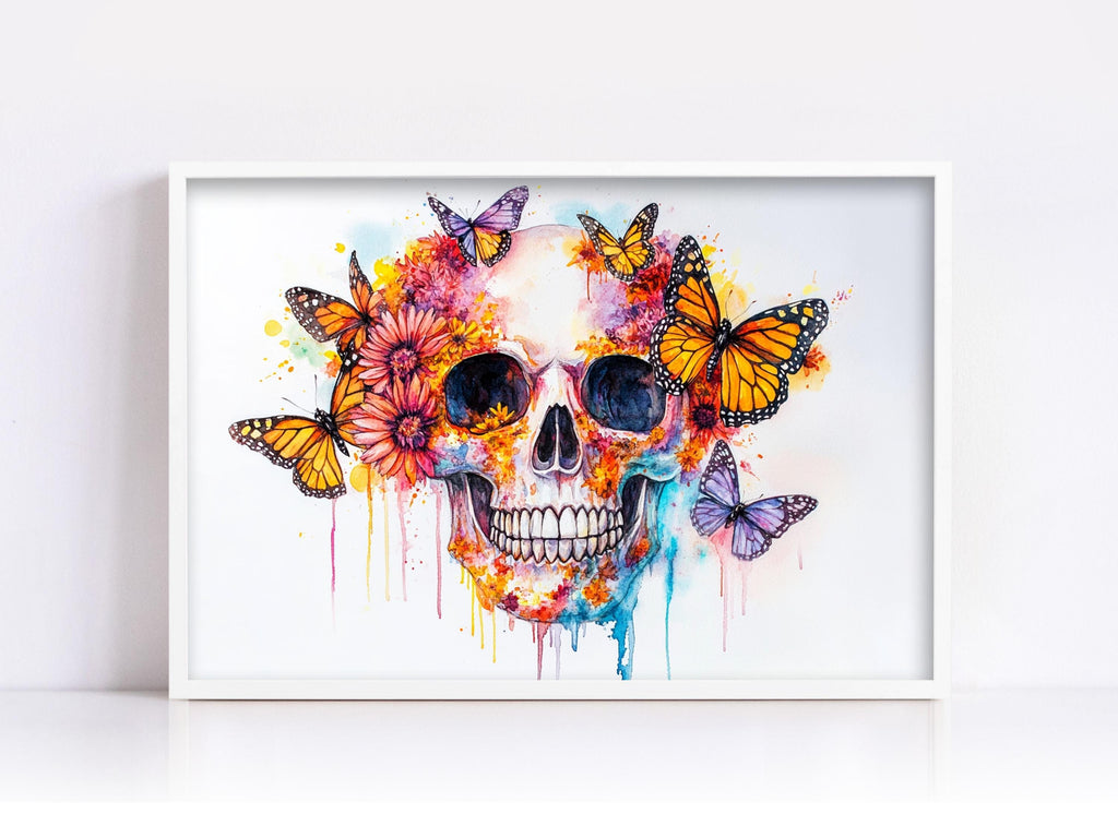 A framed painting depicting a colorful, abstract skull surrounded by butterflies and flowers.