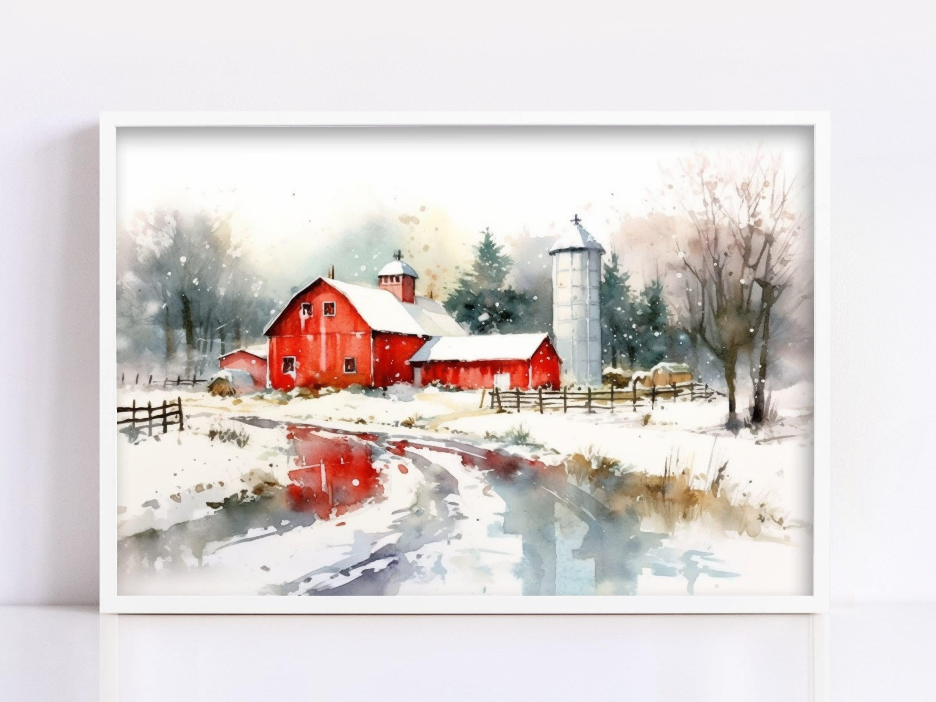 Rural Christmas Watercolor - Festive Farmhouse Art, Giclee Print on Canvas, Artist Paper, Watercolor Paper, Available in Extra Large Sizes