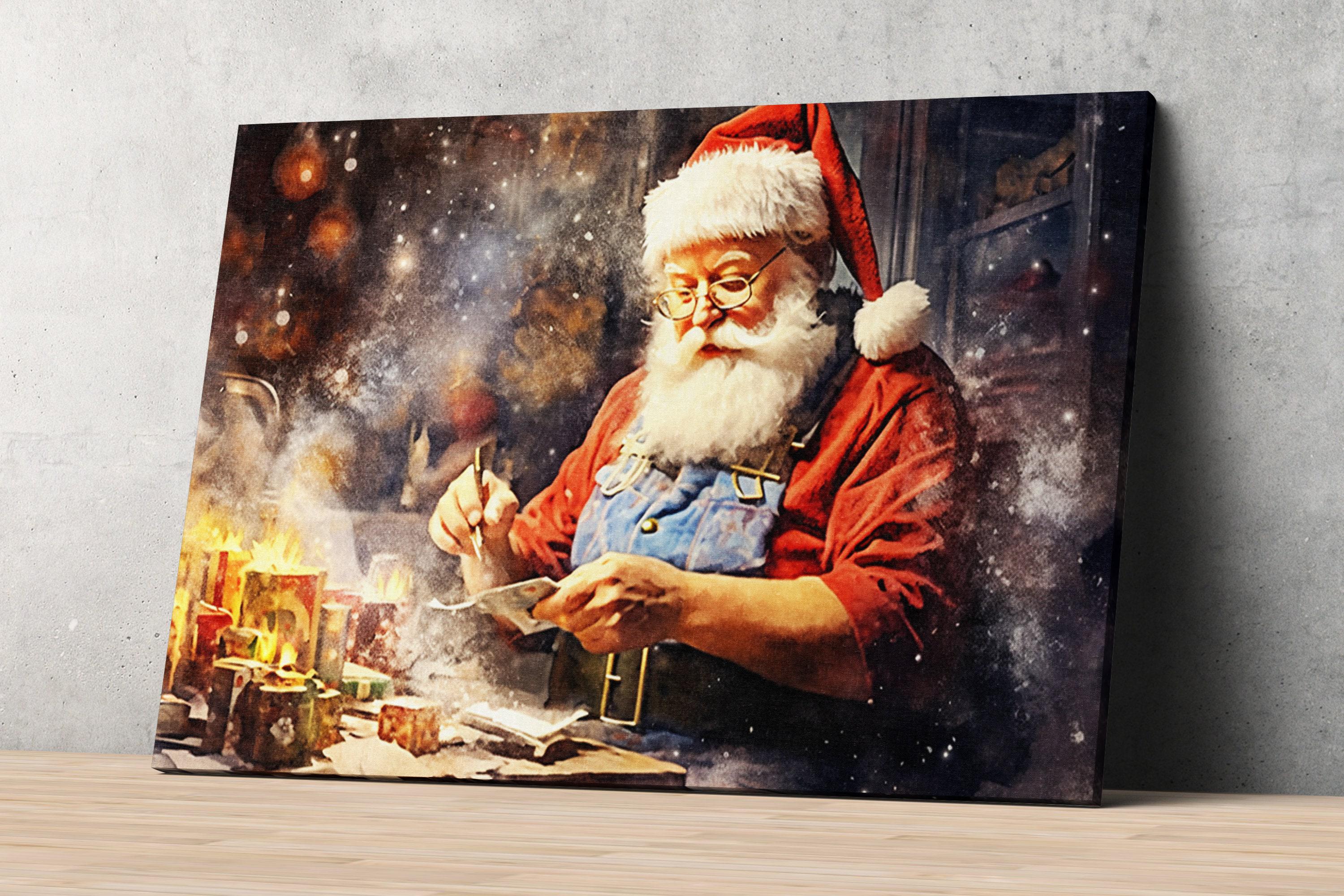 Santa Claus in His Workshop Watercolor - Christmas Giclee Print on Canvas, Artist Paper, Watercolor Paper, Available in Extra Large Sizes
