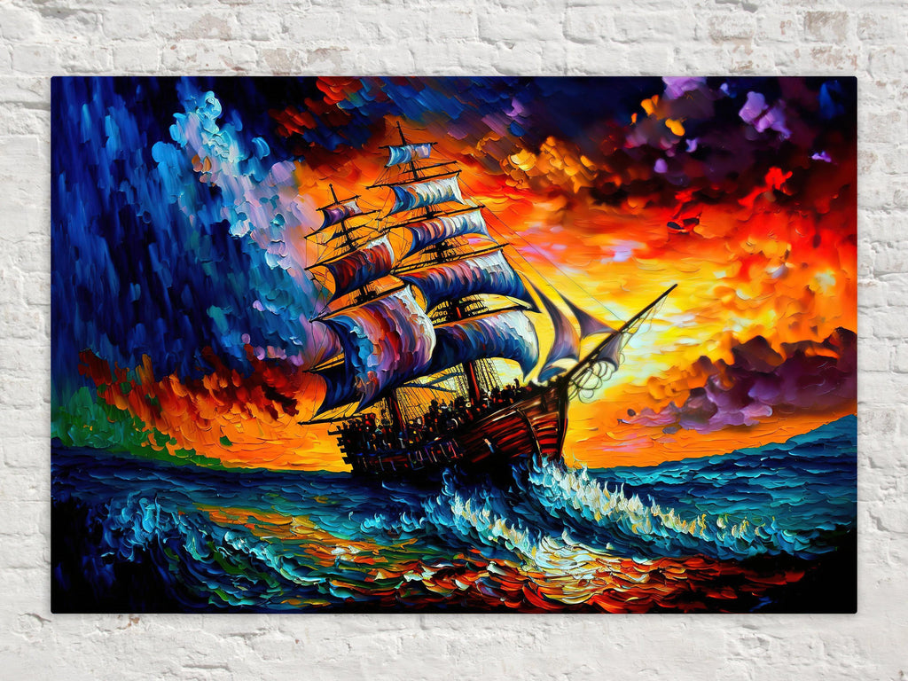 Pirate Ship Painting - Colorful Acrylic Canvas Print | Stormy Seas Artwork, Gallery Ready