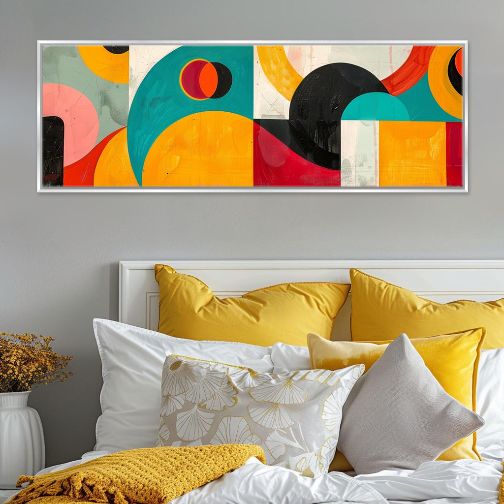 a bed with a white headboard and yellow pillows