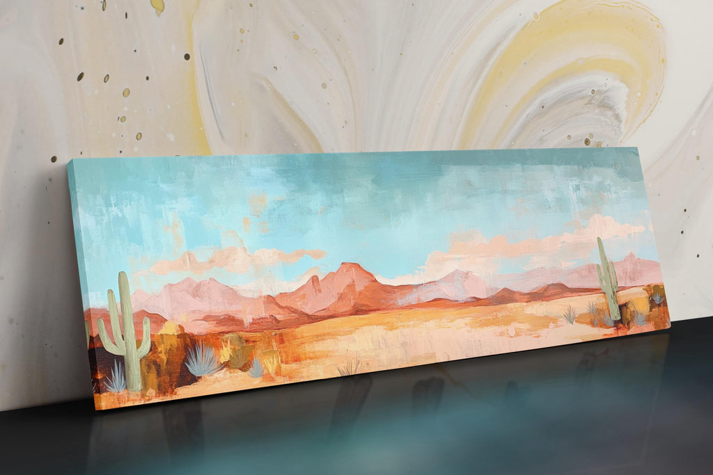 a painting of a desert scene with mountains in the background