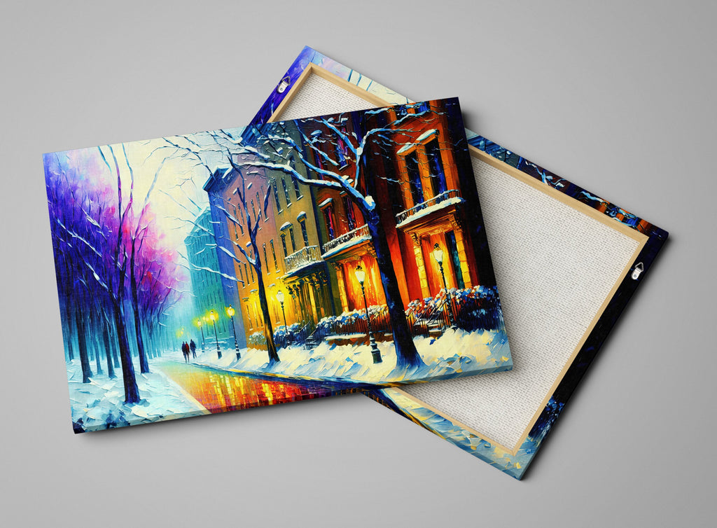 Cityscape Painting Print – Vibrant Winter Snow Artwork on Large Canvas Art