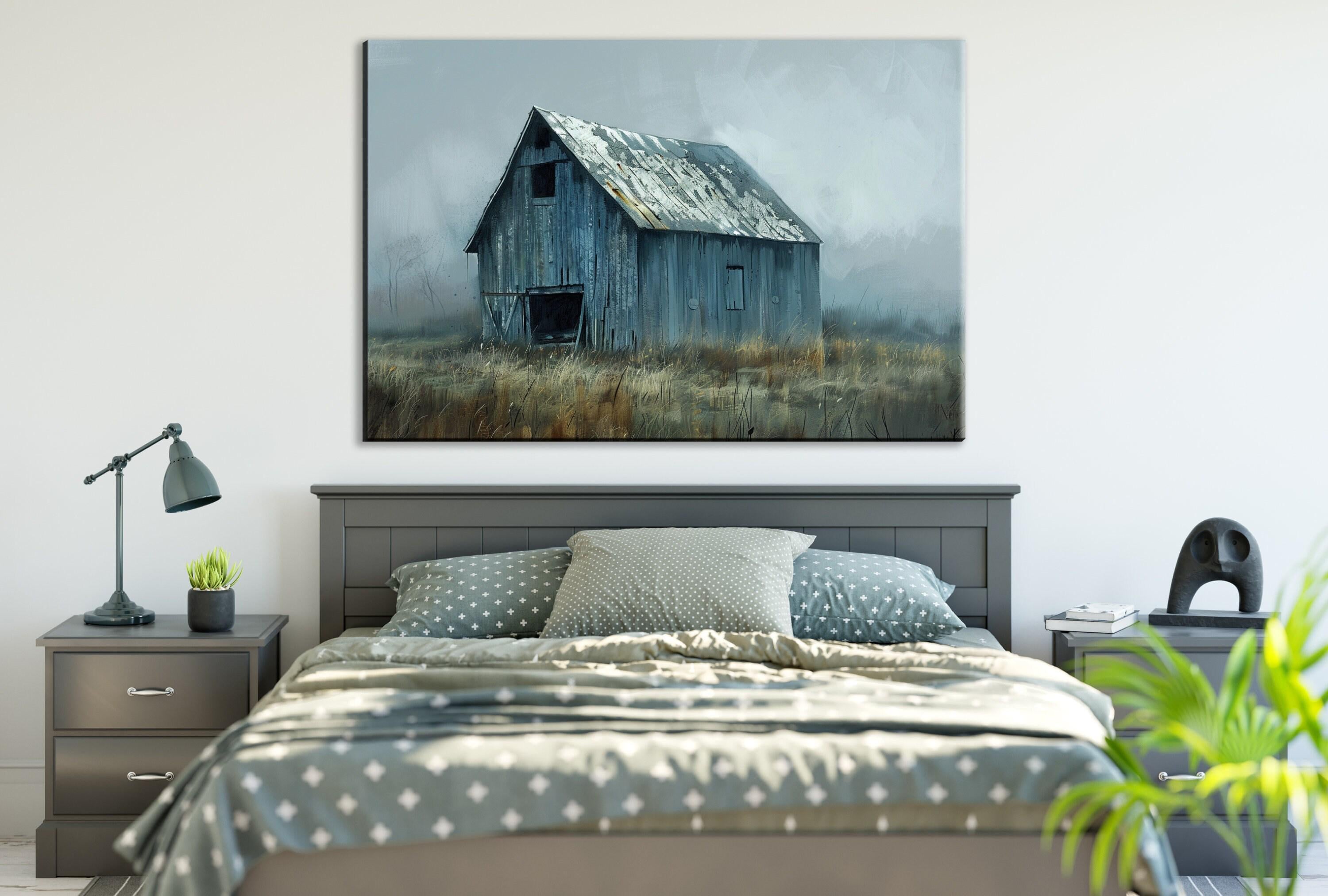 a rustic wooden barn with a gray roof, set against a misty, overcast sky. The barn is surrounded by a field of tall grass, creating a serene and peaceful rural scene.