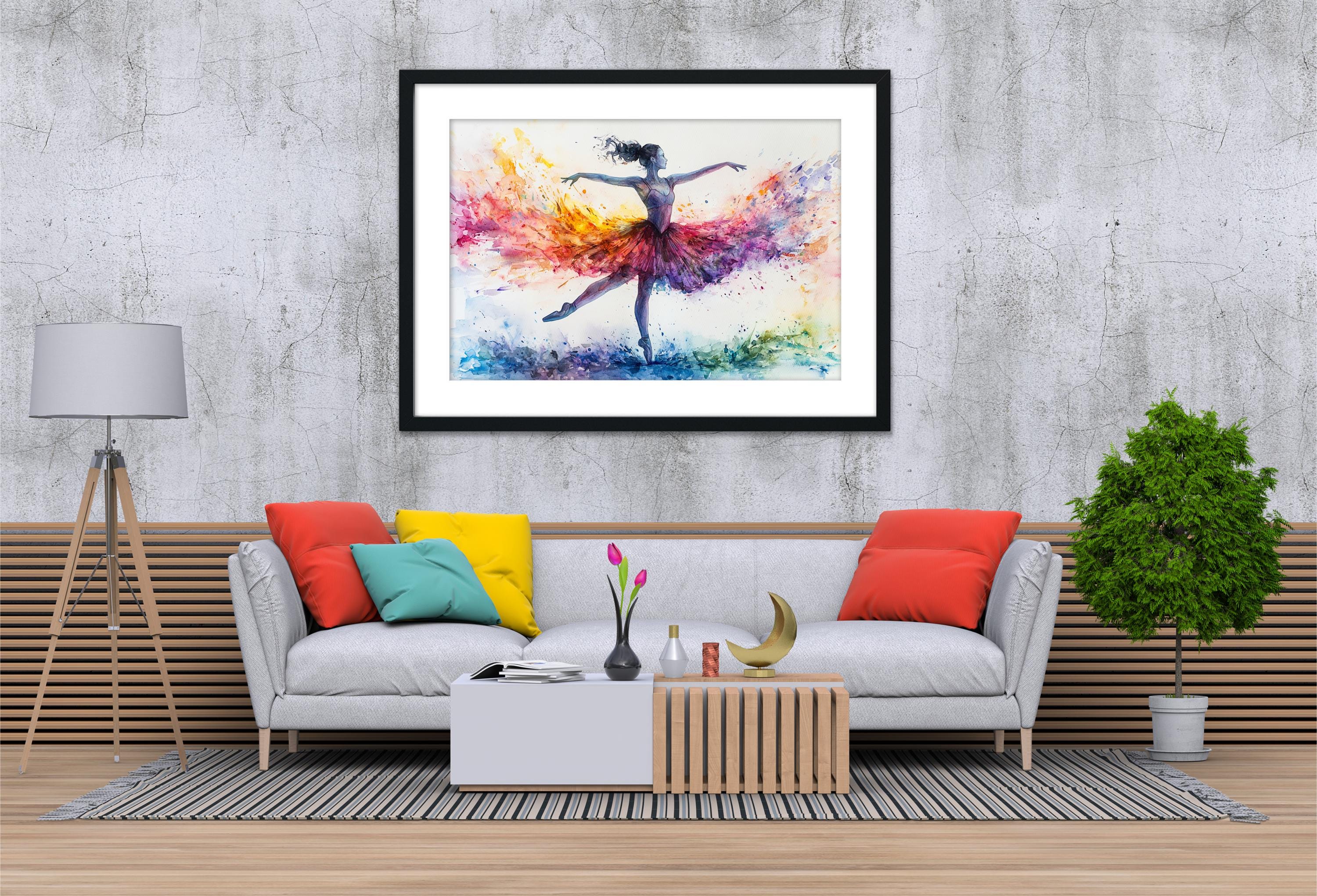 a modern living room with a gray sofa, a wooden coffee table, and a framed painting of a dancing woman with a colorful background.
