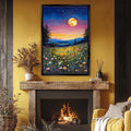 a living room with a fire place and a painting on the wall