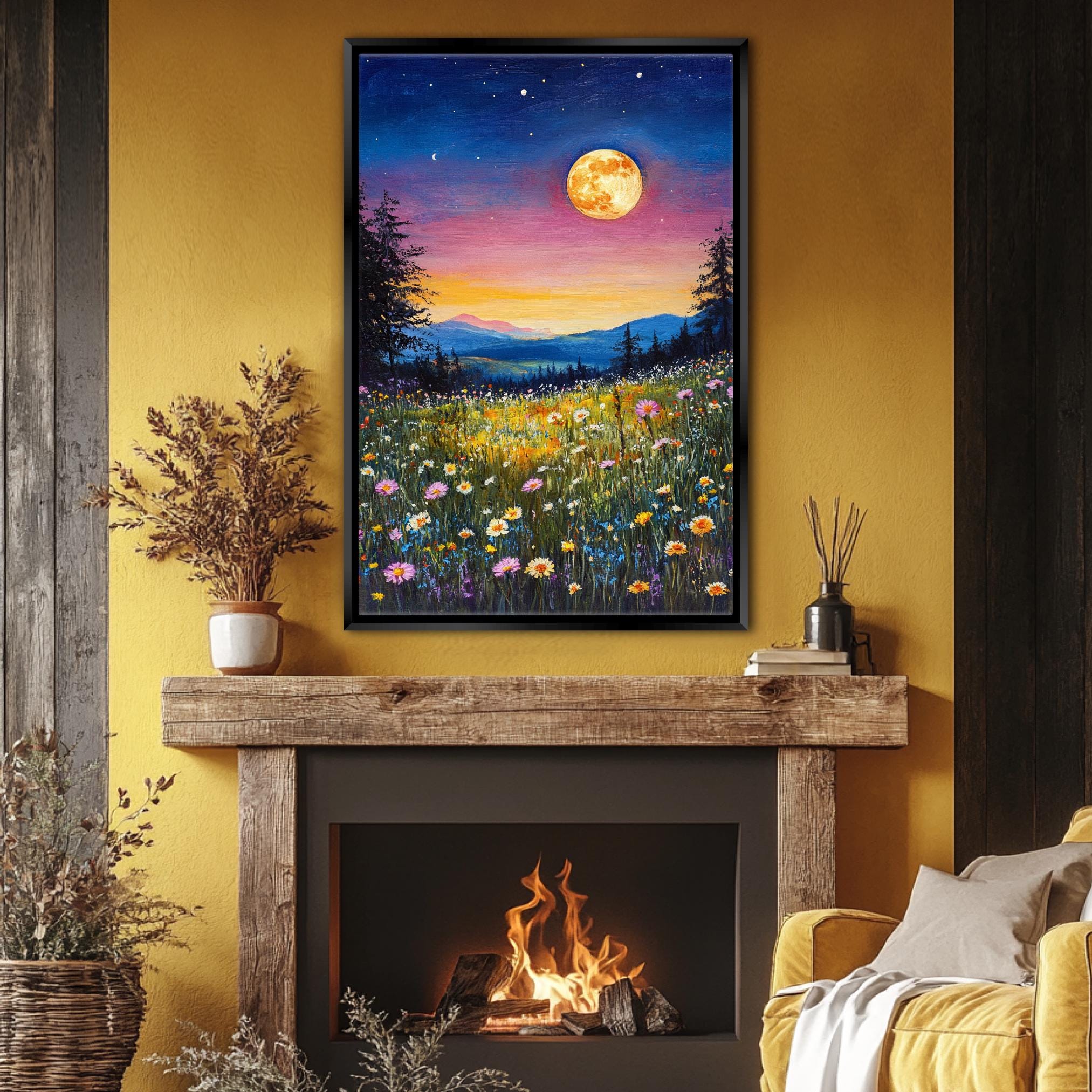 a living room with a fire place and a painting on the wall
