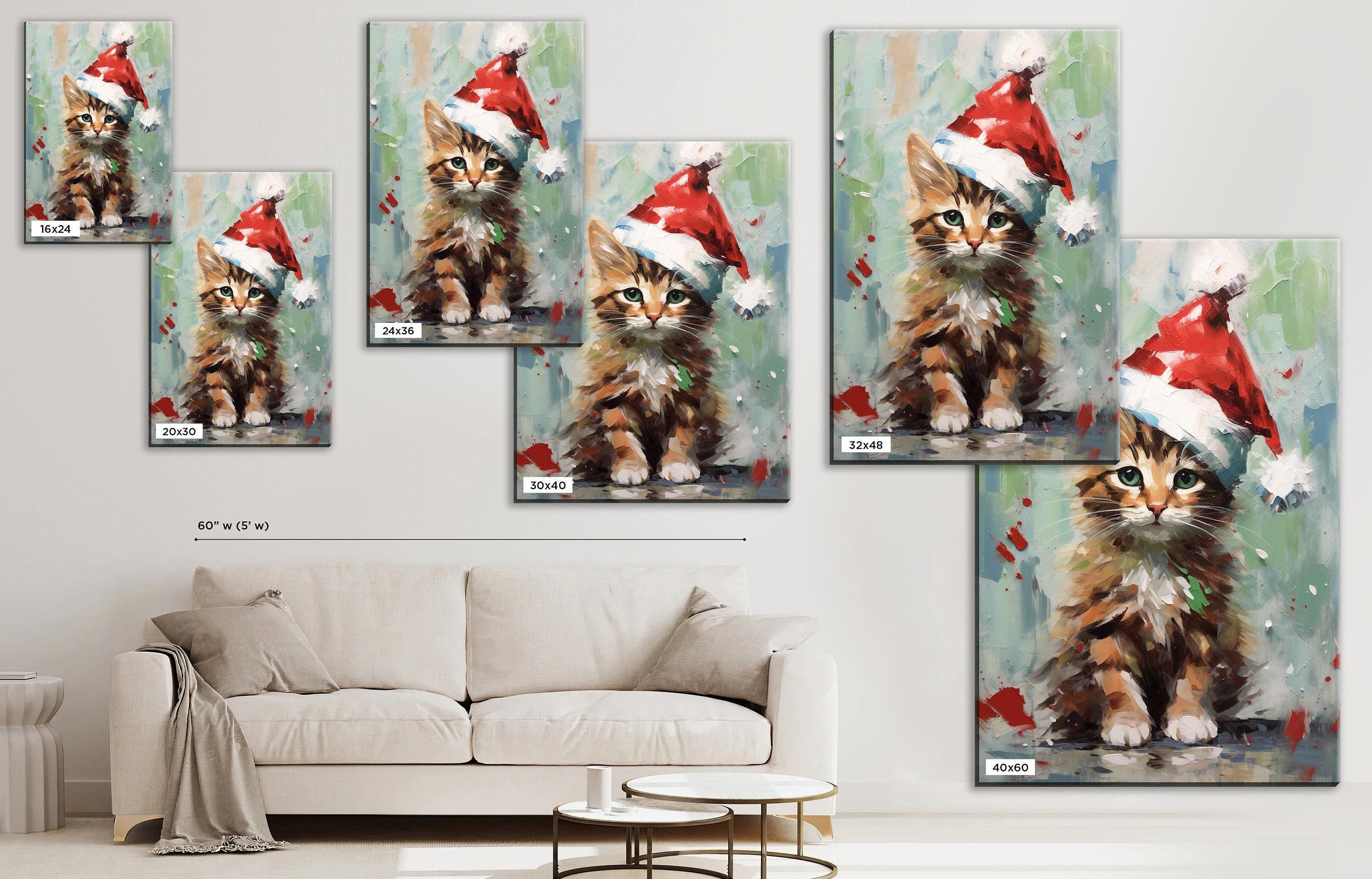 Santa Hat Kitten Painting - Festive Christmas Canvas Art | Gallery Wrapped Giclee Print