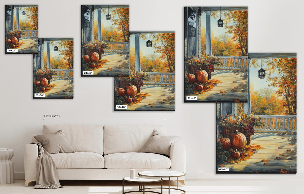 The image is a collage of multiple images depicting a porch scene with pumpkins and fall foliage.