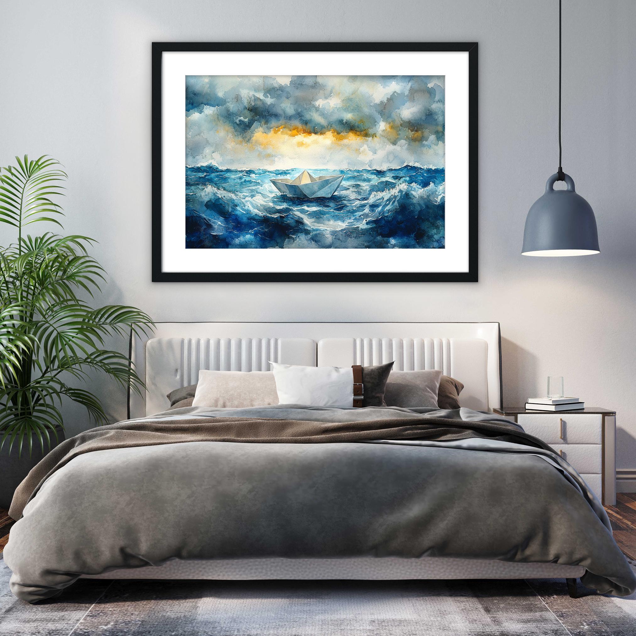 a serene bedroom scene with a large bed, a framed painting of a boat on the wall, and a potted plant in the corner.