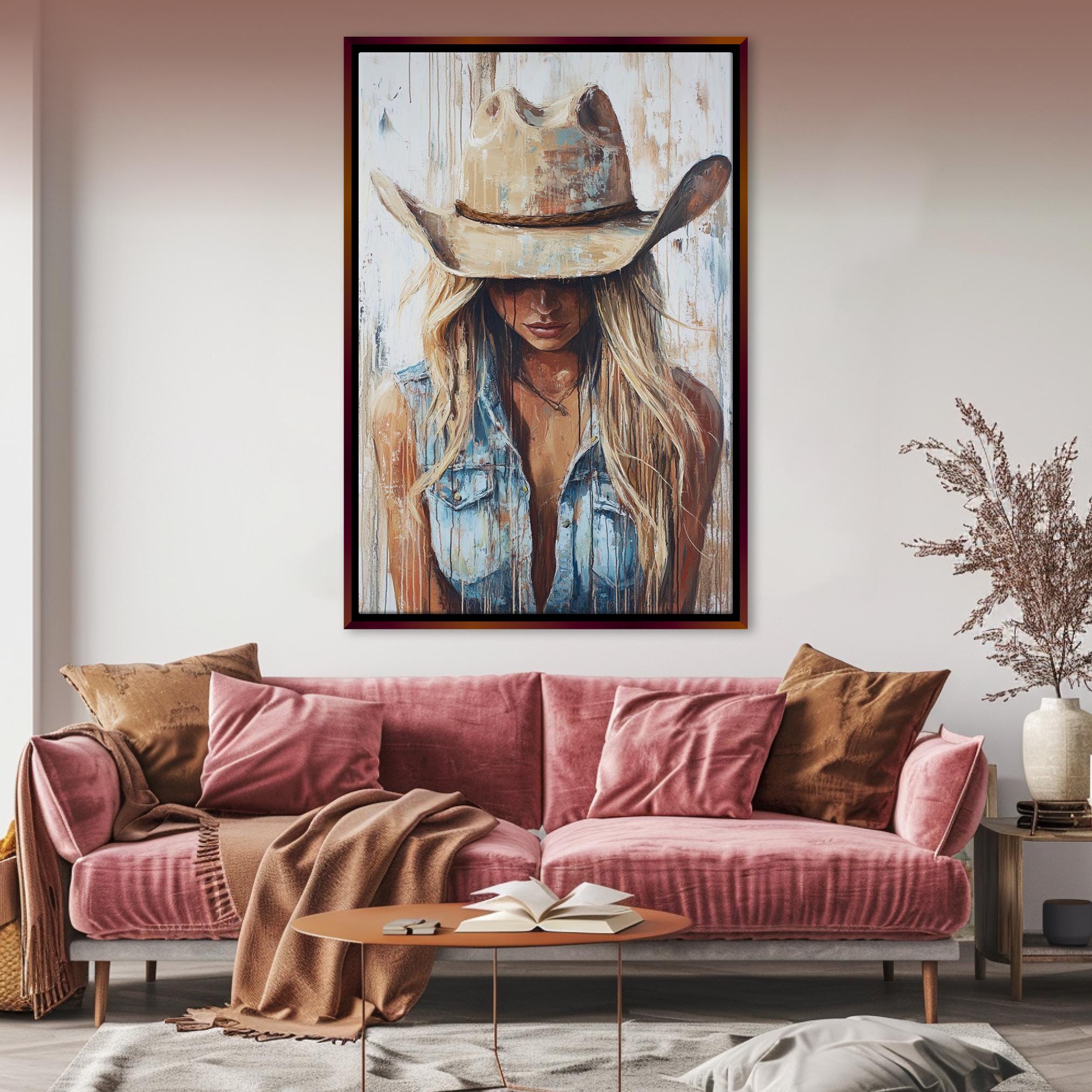 a painting of a woman wearing a cowboy hat