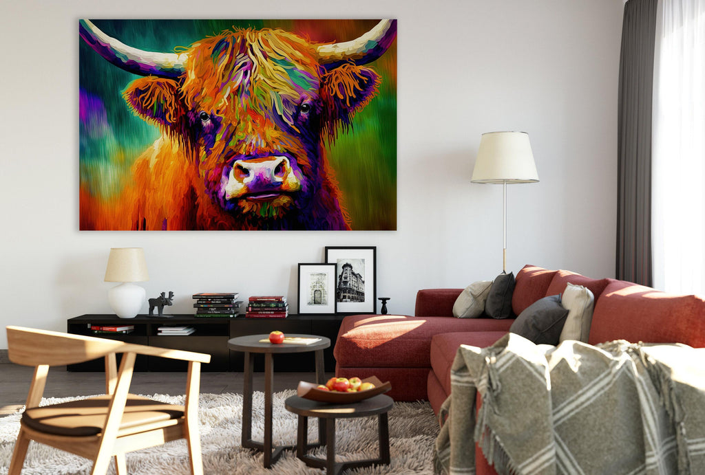Highland Cow Canvas - Colorful Farmhouse Wall Art With Vibrant Rustic Decor