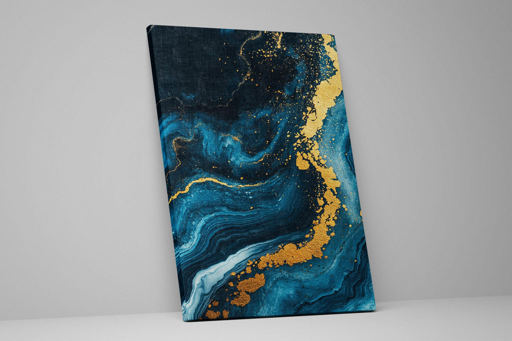 a blue and gold painting on a white wall