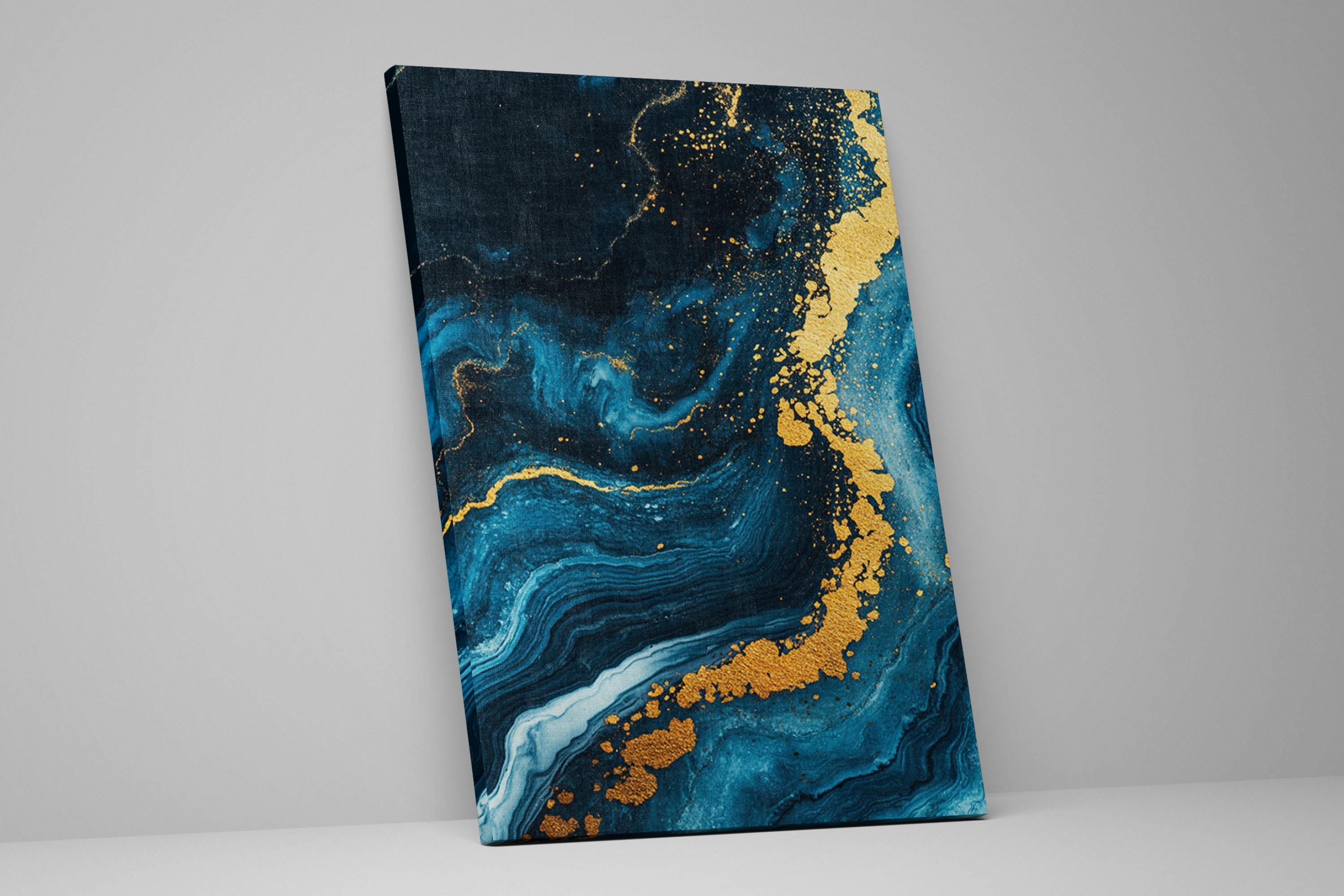 a blue and gold painting on a white wall