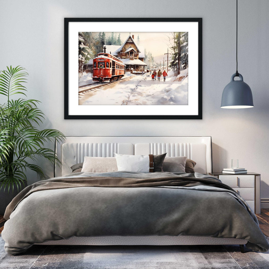 Winter Train Station Watercolor - Christmas Wall Art, Giclee Print on Canvas, Artist Paper, Watercolor Paper, Available in Extra Large Sizes
