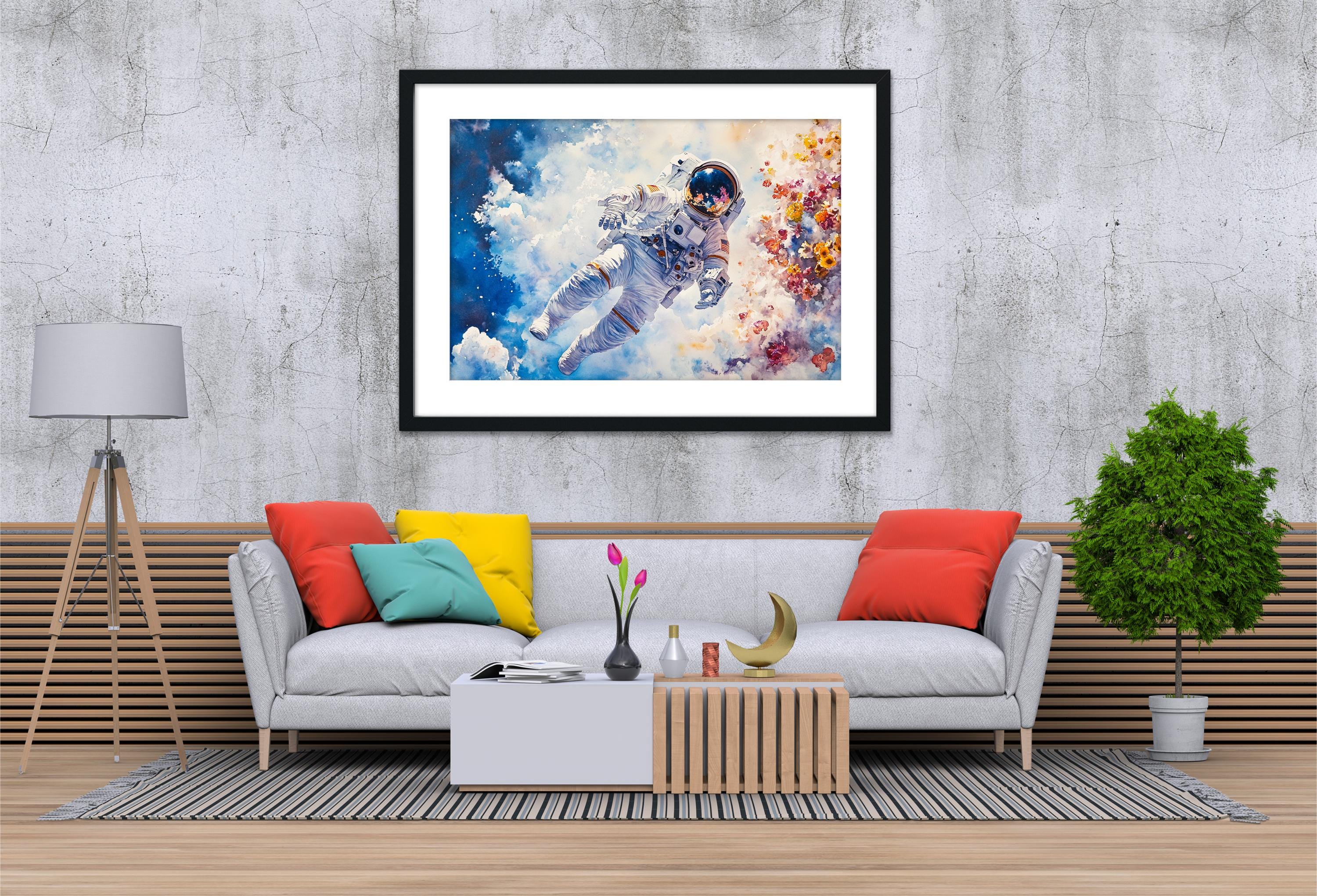 a modern living room with a gray sofa, a wooden coffee table, and a framed painting of an astronaut floating in space.