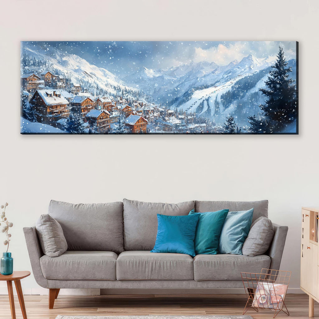 a living room with a couch and a painting on the wall