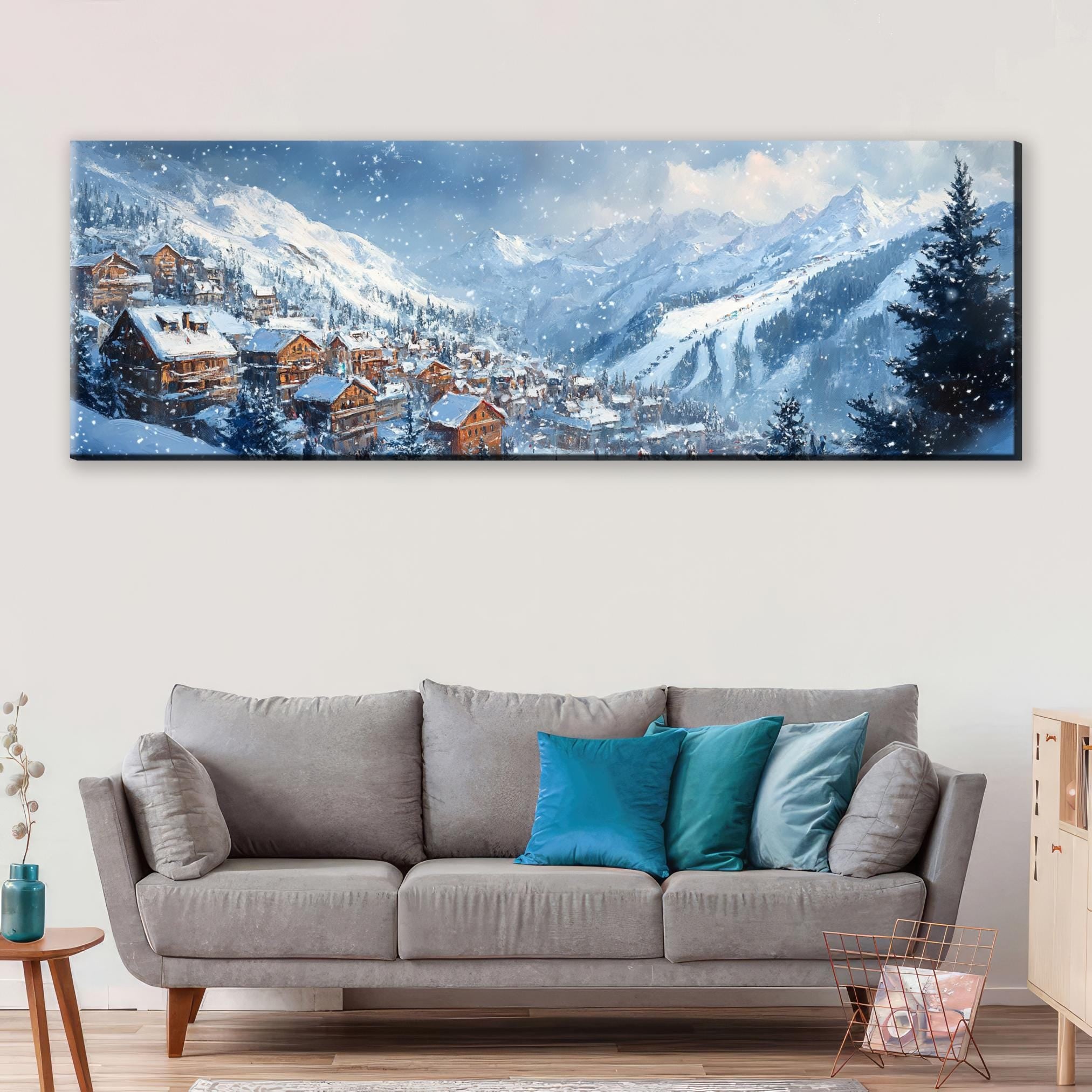 a living room with a couch and a painting on the wall