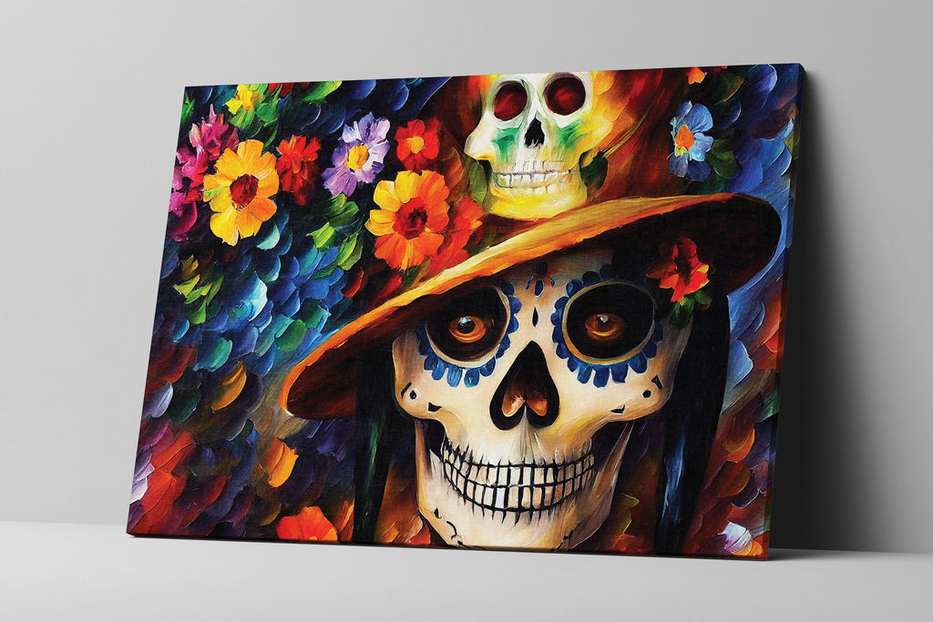 Dia De Los Muertos Canvas – Colorful Sugar Skull Painting on Gallery Ready Frame
