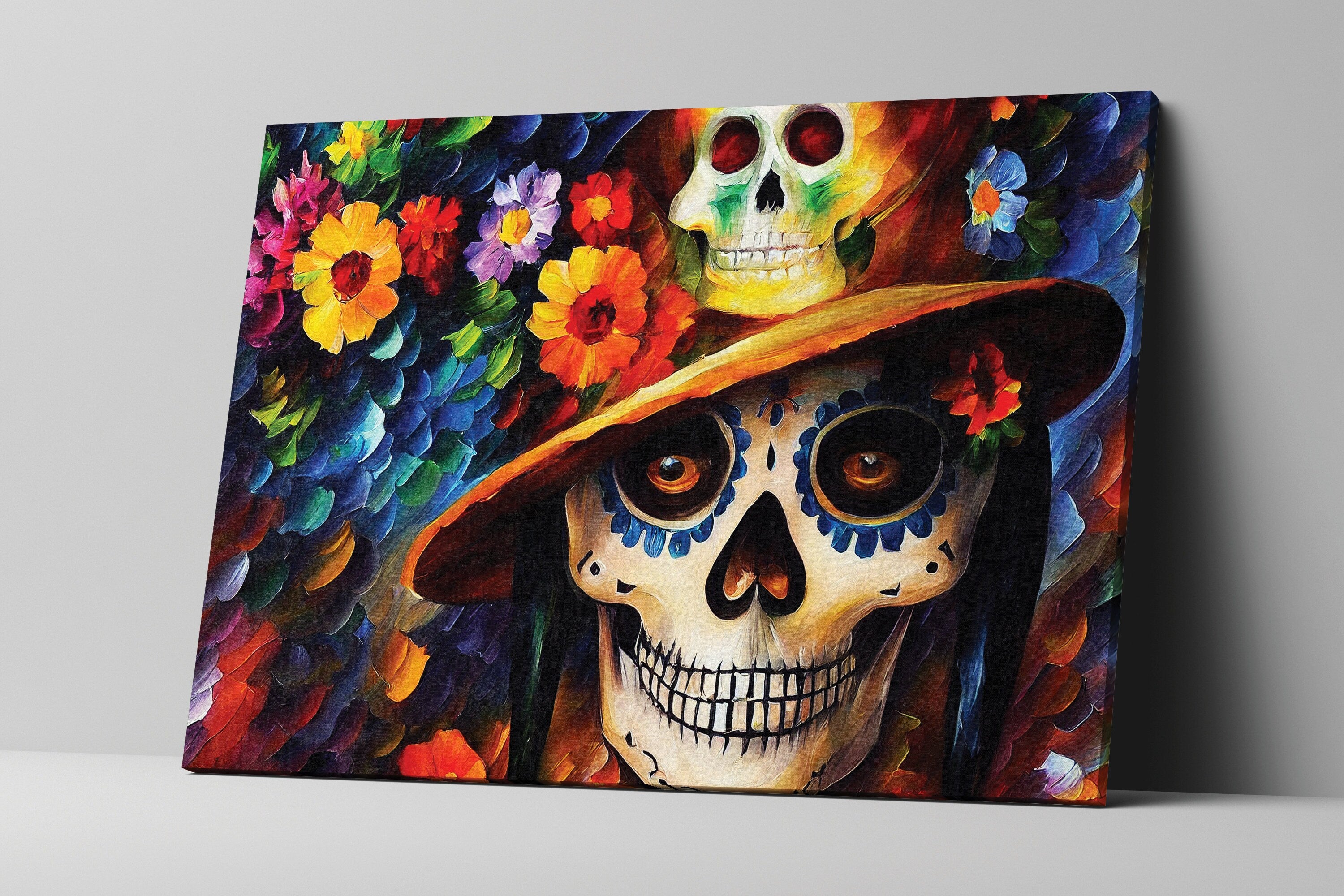 Dia De Los Muertos Canvas – Colorful Sugar Skull Painting on Gallery Ready Frame