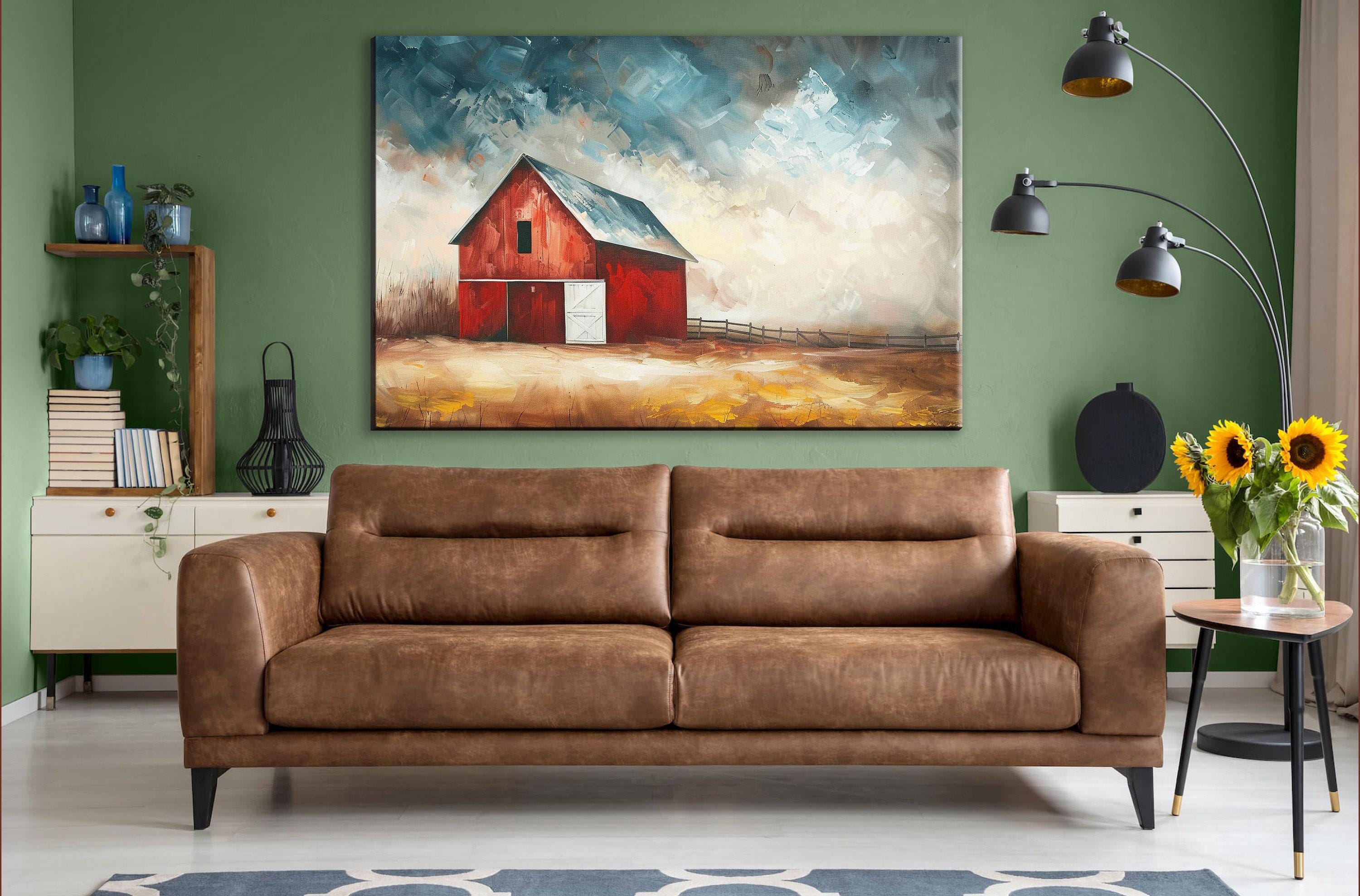 Rustic Farmhouse Wall Art - Large Canvas Art with Red Barn, Gallery Wrapped Canvas