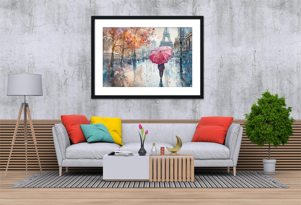 a cozy living room with a gray sofa adorned with colorful pillows, a wooden coffee table, and a framed painting of a person holding a pink umbrella on a rainy street.