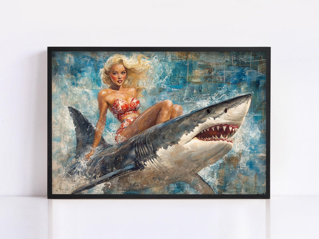 a painting of a woman sitting on top of a shark